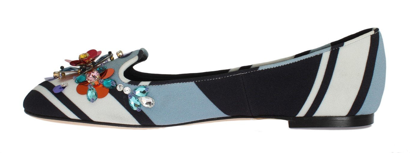 Blue White Wool Crystal Flat Loafers