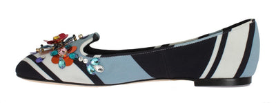 Blue White Wool Crystal Flat Loafers