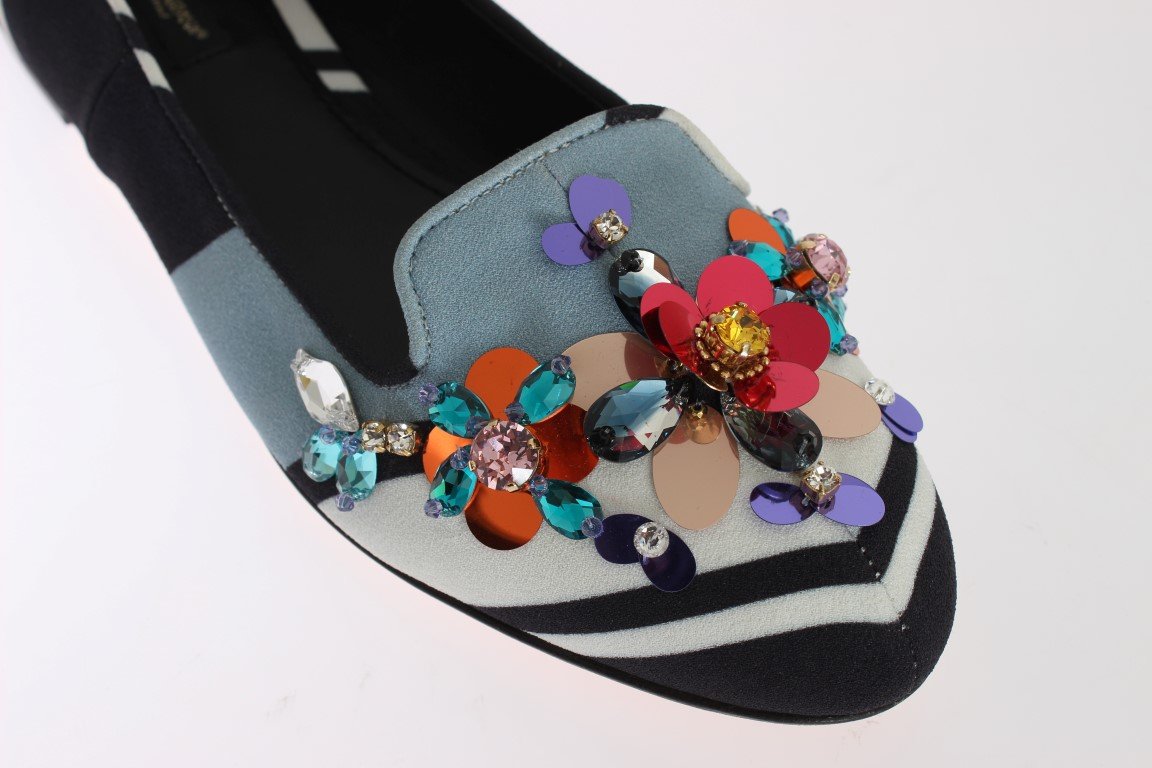 Blue White Wool Crystal Flat Loafers