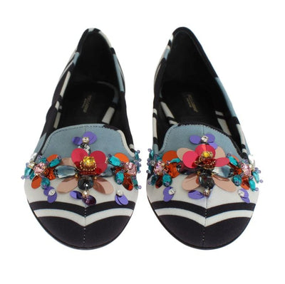 Blue White Wool Crystal Flat Loafers