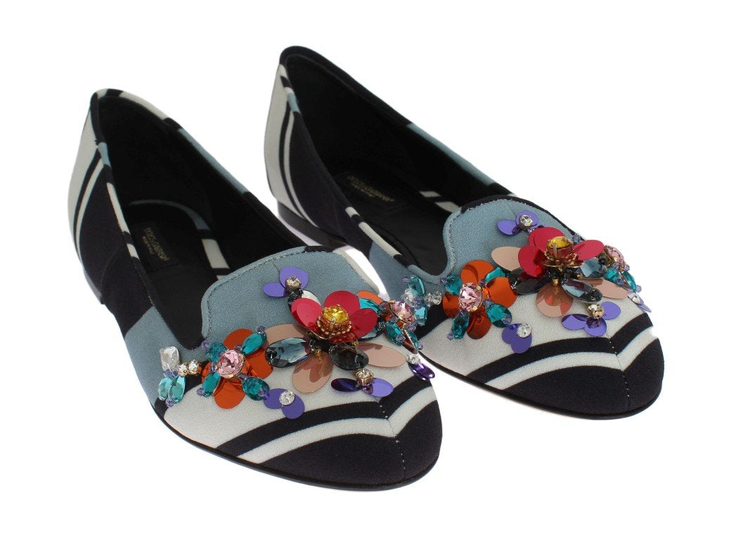 Blue White Wool Crystal Flat Loafers