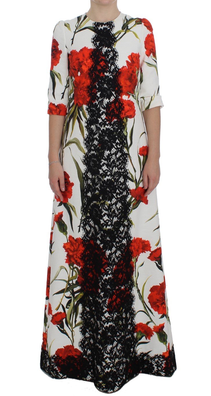 Red Roses Print Black Lace Stretch Dress