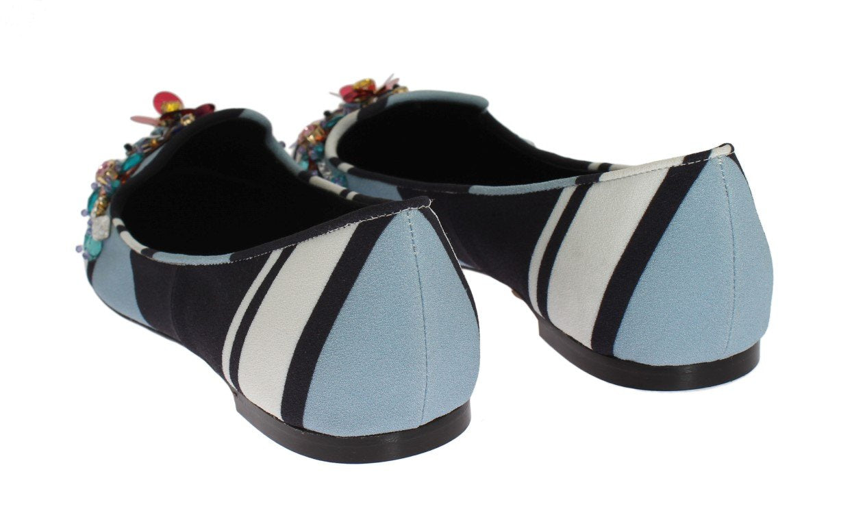 Blue White Wool Crystal Flat Loafers