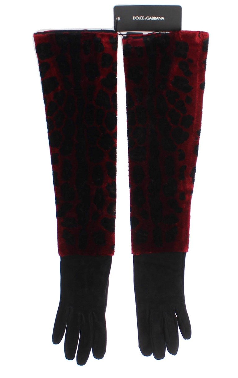 Red Black Leopard Leather Elbow Gloves