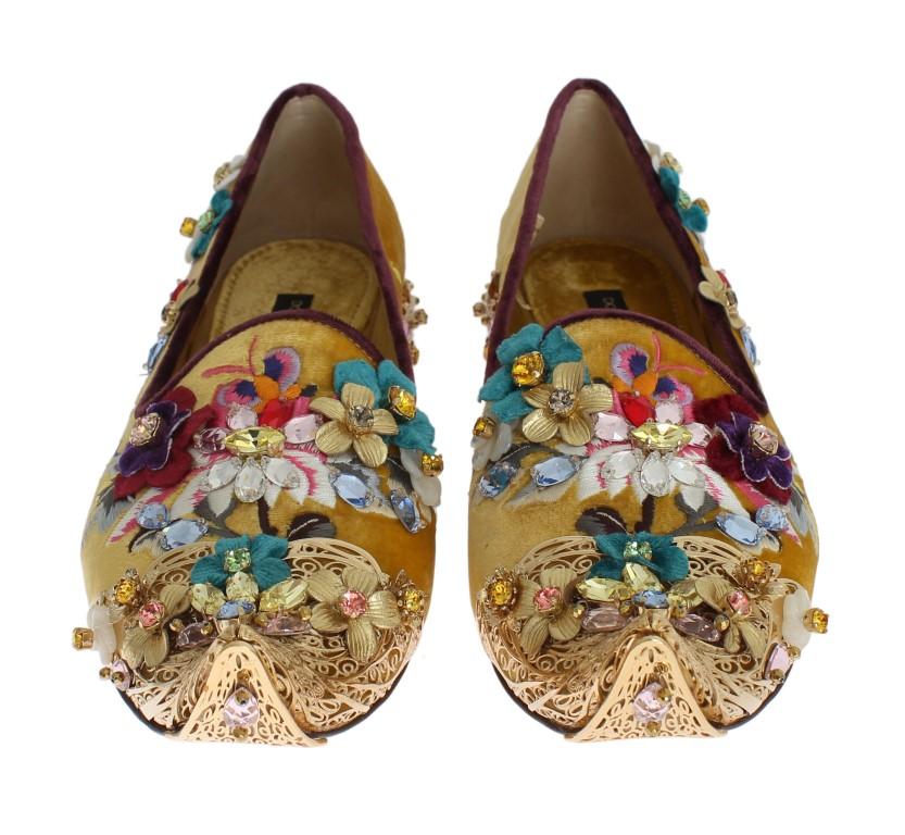 Gold Velvet Crystal Loafers