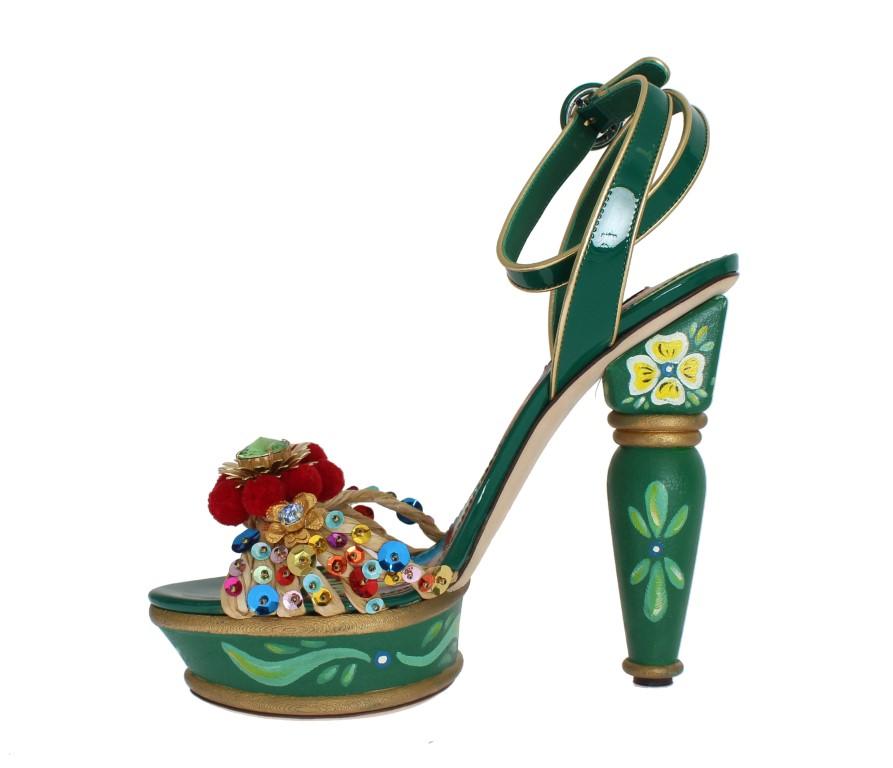 Green Leather Crystal Carretto Platform Shoes