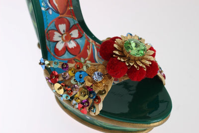 Green Leather Crystal Carretto Platform Shoes