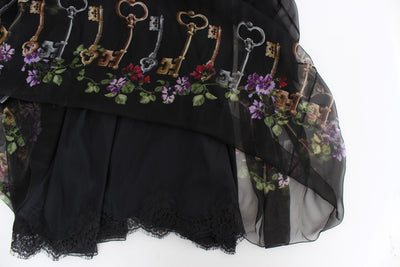 Black Key Print Silk Crystal Brooch Dress