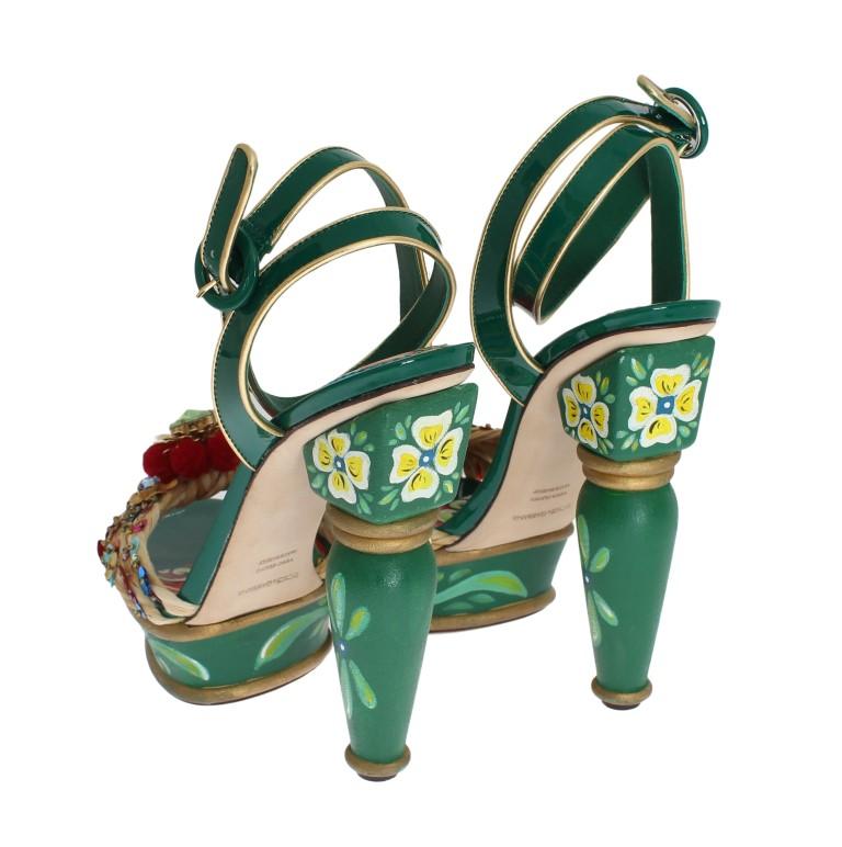 Green Leather Crystal Carretto Platform Shoes