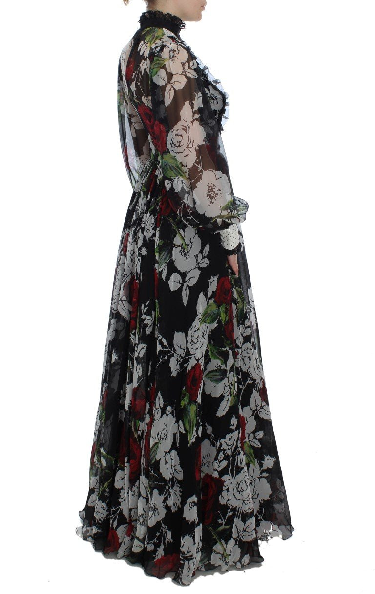 Black Silk Multicolor Roses Print Dress
