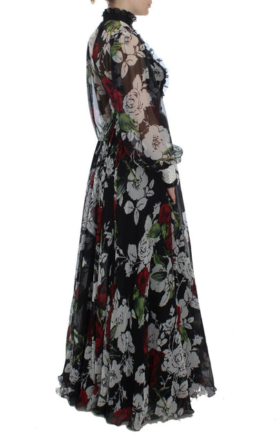 Black Silk Multicolor Roses Print Dress