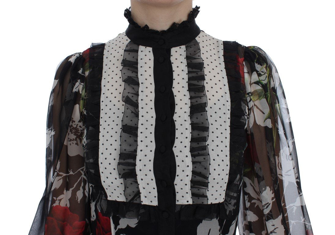 Black Silk Multicolor Roses Print Dress