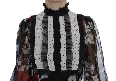 Black Silk Multicolor Roses Print Dress