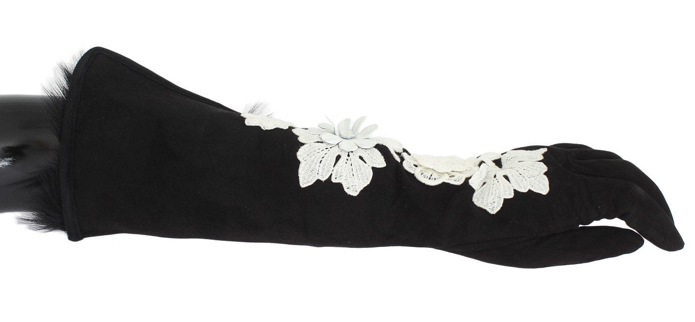 Black Leather Floral Ricamo Fur Elbow Gloves