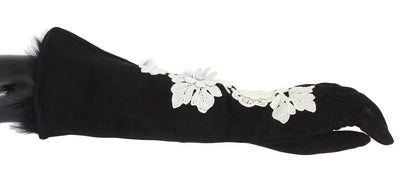 Black Leather Floral Ricamo Fur Elbow Gloves