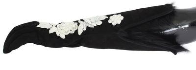 Black Leather Floral Ricamo Fur Elbow Gloves