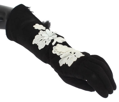 Black Leather Floral Ricamo Fur Elbow Gloves