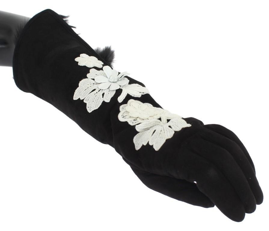 Black Leather Floral Ricamo Fur Elbow Gloves
