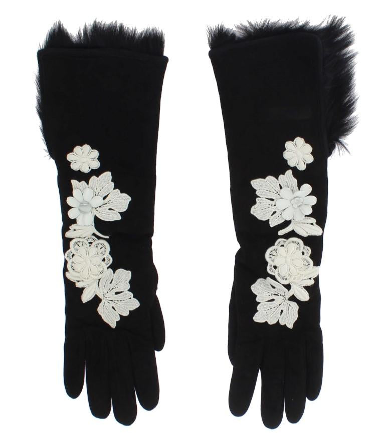 Black Leather Floral Ricamo Fur Elbow Gloves