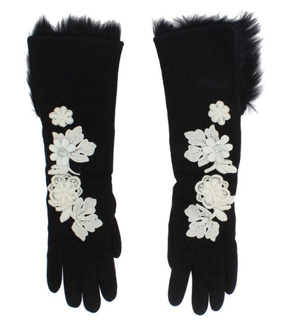 Black Leather Floral Ricamo Fur Elbow Gloves