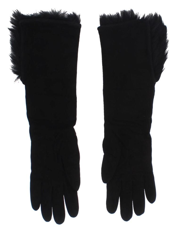 Black Leather Floral Ricamo Fur Elbow Gloves