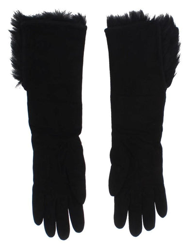 Black Leather Floral Ricamo Fur Elbow Gloves