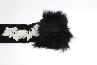 Black Leather Floral Ricamo Fur Elbow Gloves