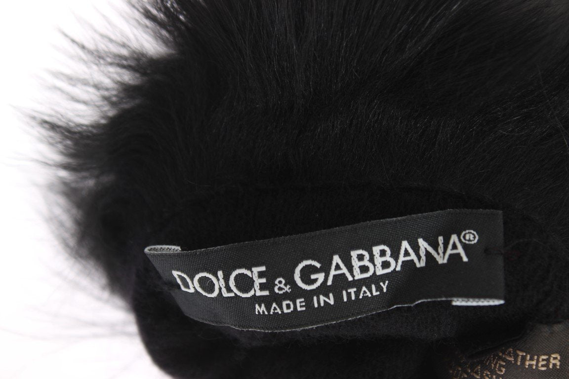 Black Leather Floral Ricamo Fur Elbow Gloves