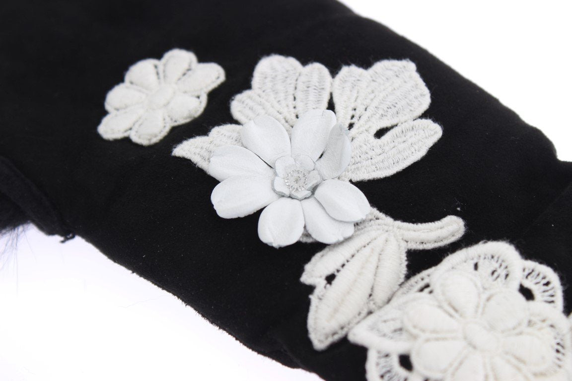 Black Leather Floral Ricamo Fur Elbow Gloves