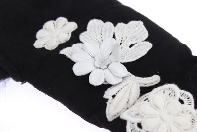 Black Leather Floral Ricamo Fur Elbow Gloves