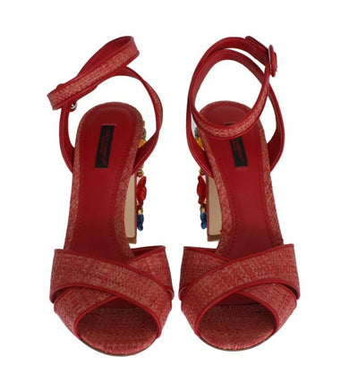 Red Leather Straw Crystal Sandals