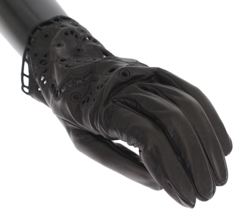 Black Leather Floral Cutout Gloves