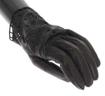 Black Leather Floral Cutout Gloves