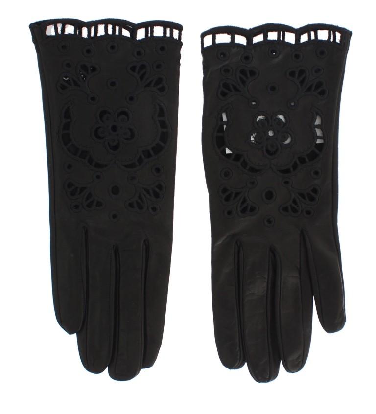 Black Leather Floral Cutout Gloves