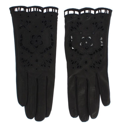 Black Leather Floral Cutout Gloves