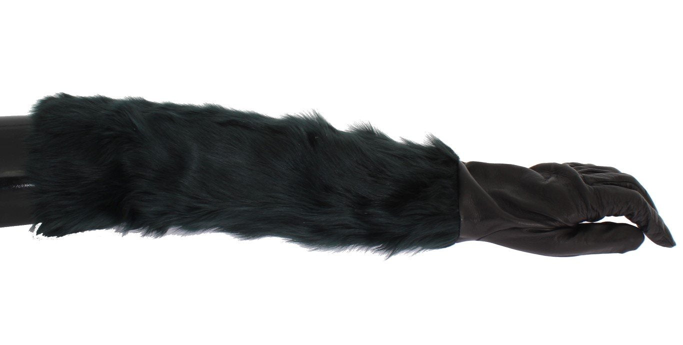 Black Leather Green Fur Elbow Gloves