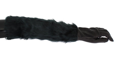 Black Leather Green Fur Elbow Gloves