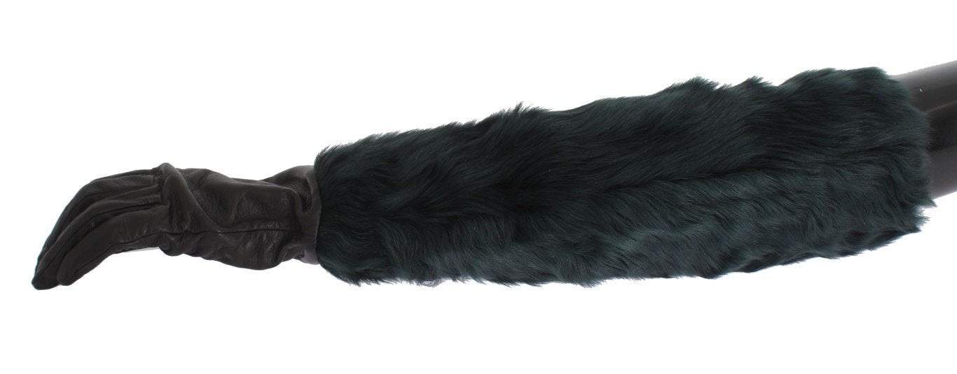 Black Leather Green Fur Elbow Gloves