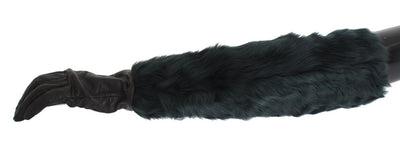 Black Leather Green Fur Elbow Gloves