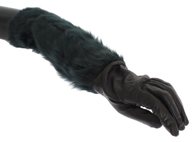 Black Leather Green Fur Elbow Gloves