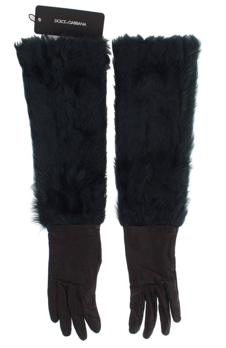 Black Leather Green Fur Elbow Gloves