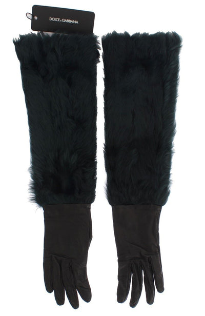 Black Leather Green Fur Elbow Gloves
