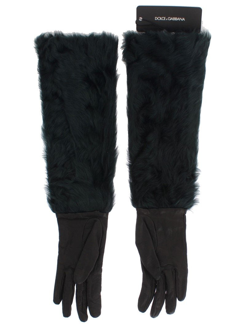 Black Leather Green Fur Elbow Gloves