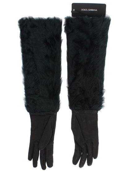 Black Leather Green Fur Elbow Gloves