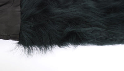 Black Leather Green Fur Elbow Gloves