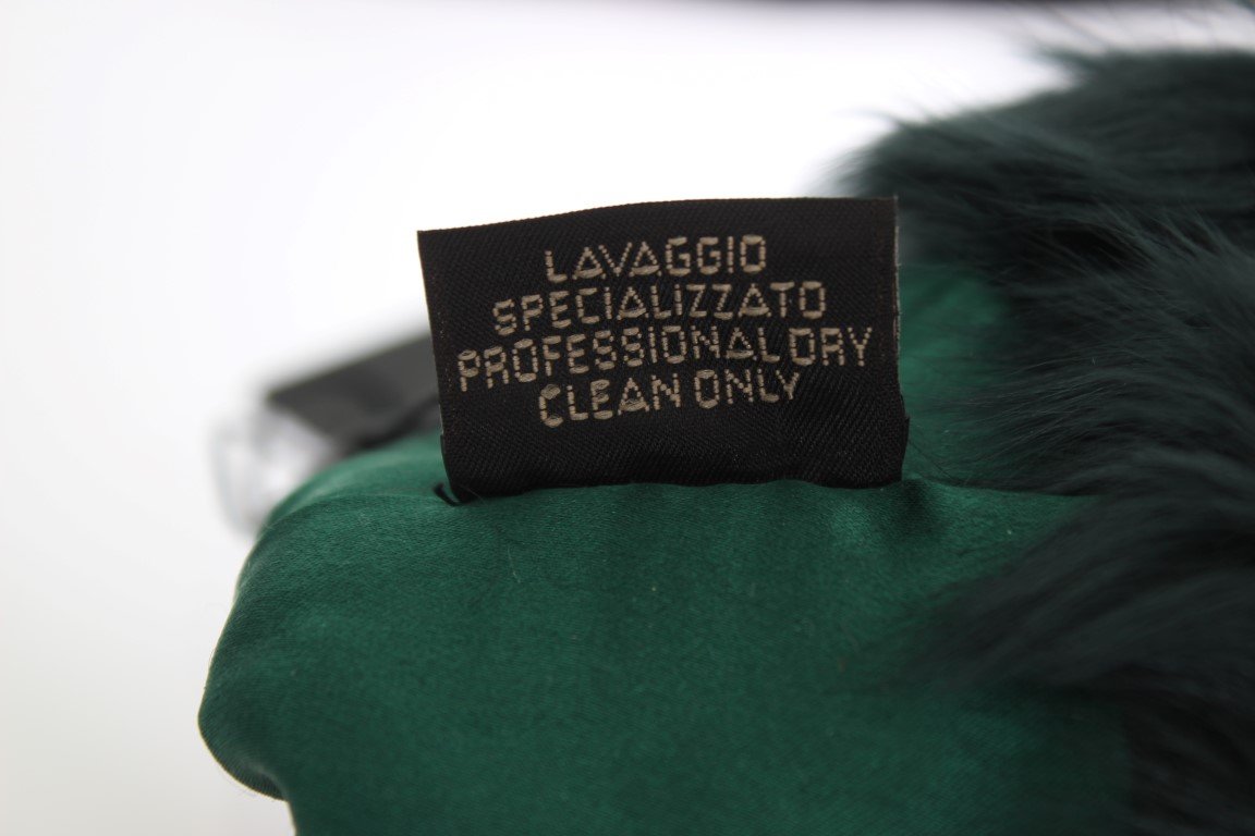 Black Leather Green Fur Elbow Gloves