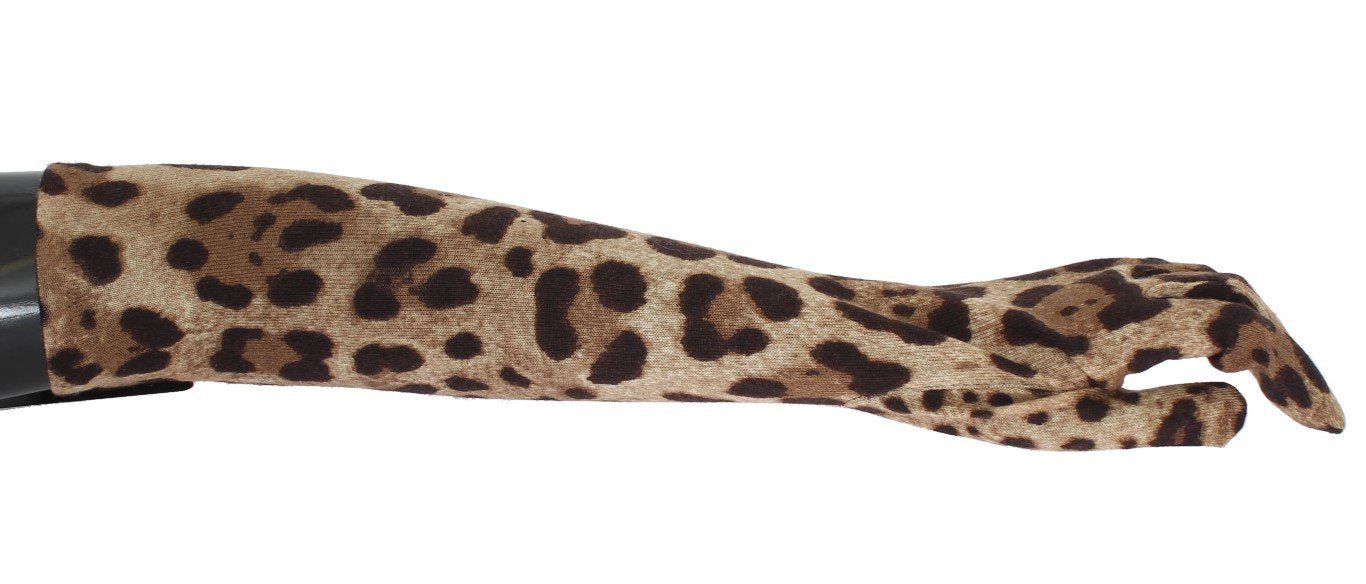 Brown Leopard Print Wool Elbow Gloves