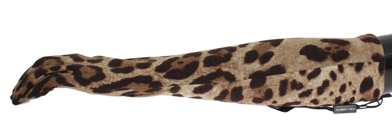 Brown Leopard Print Wool Elbow Gloves