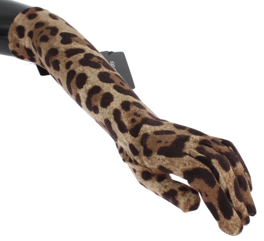 Brown Leopard Print Wool Elbow Gloves