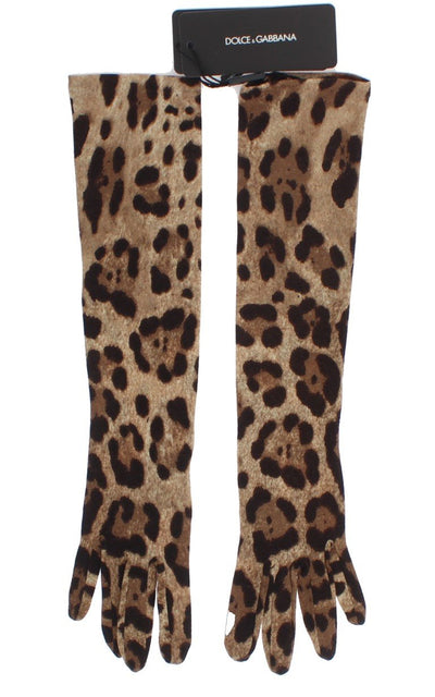 Brown Leopard Print Wool Elbow Gloves